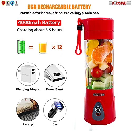 Portable Blender Personal Size Blender USB 4000 mAh Rechargeable with 6 Blades for Shakes and Smoothies, Mini Blender with 380ML Juicer Cup 5 Core PB 01 (Red)