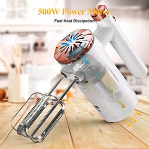 Hand Mixer Electric, 500W Power Kitchen Handheld Mixer with Continuously Variable Speed Control, Eject Button, 5 Stainless Steel Accessories Kitchen Mixer for Easy Whipping, Baking, White+Rose Gold