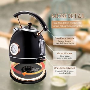 Pukomc Retro Electric Kettle 1.8L, Stainless Steel Portable Fast Boiling, Cordless with LED Light, Unique Appearance with Temperature Control, Auto Shut-Off&Boil-Dry Protection (Black)