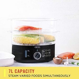 BELLA Two Tier Food Steamer, Healthy, Fast Simultaneous Cooking, Stackable Baskets for Vegetables or Meats, Rice/Grains Tray, Auto Shutoff & Boil Dry Protection, 7.4 QT, Black