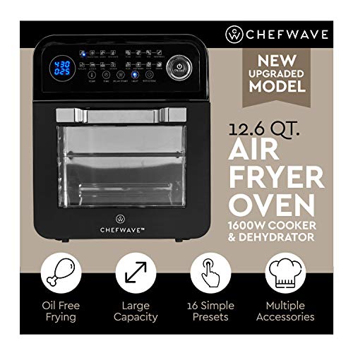 ChefWave 12.6 Quart Air Fryer and Dehydrator – Large Capacity 1600W Oil Free Cooker with Upgraded Dial, Blue Light, 16 Presets and Modes and 8 Accessories, Includes Recipe Book