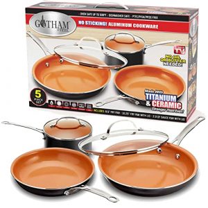 GOTHAM STEEL 5 Piece Kitchen Essentials Cookware Set with Ultra Nonstick Copper Surface Dishwasher Safe, Cool Touch Handles- Includes Fry Pans, Stock Pot, and Glass Lids, Original