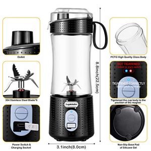 Supkitdin Portable Blender, Personal Mixer Fruit Rechargeable with USB, Mini Blender for Smoothie, Fruit Juice, Milk Shakes, 380ml, Six 3D Blades for Great Mixing (Black)