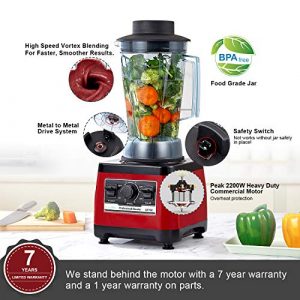 BioloMix Heavy Duty Professional Blender, Peak 2200W Commercial Grade Bar Blender With 70Oz Container For Shakes, Smoothies, Ice Crushing, Frozen Fruits, Soups, Dry Grinding (Red)