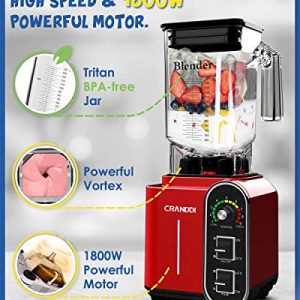 CRANDDI Smoothie Blender, Countertop Blender for Commercial and Home, 1800W Strong Motor, 52oz BPA-free Jar for Shakes and Smoothies, Self-Cleaning, K98 Red