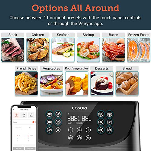 Cosori Smart WiFi Air Fryer 5.8QT(100 Recipes), 1700 Watt Programmable Base for Air Frying, Roasting and Keep Warm 11 Cooking Preset, Digital Touchscreen, 2 Year Warranty (Renewed)