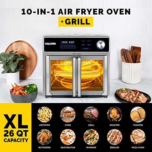 Kalorik MAXX® Digital Air Fryer Oven Grill AFO 47631 SS | 26 Quart Digital Smokeless Indoor Grill and Air Fryer Oven Combo -  Authentic BBQ, Rotisserie, & More | 11 Accessories & Cookbook | 22 Smart Presets | Up to 500°F | 1700W | Stainless Steel