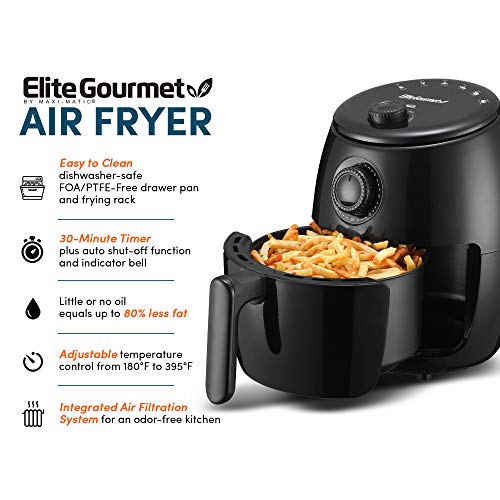 Elite Gourmet EAF-0201 Personal 2.1 Qt. Compact Space Saving Electric Hot Air Fryer Oil-Less Healthy Cooker, Timer & Temperature Controls, PFOA/PTFE Free, 1000W, Quart Analog, Black