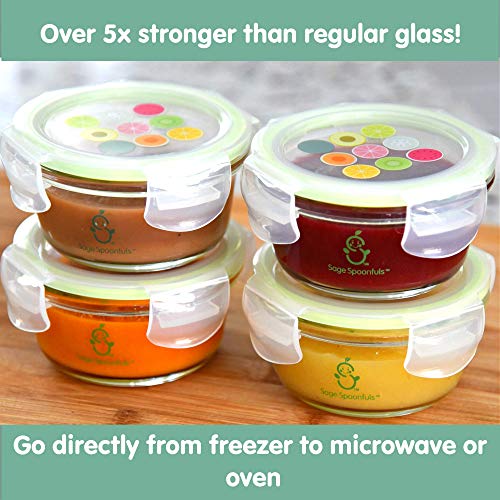 Sage Spoonfuls Borosilicate Glass Baby Food Bowls - 4-Pack of 7 Ounce Travel Bowls With Lids - Durable and Airtight - Dishwasher, Oven, Microwave, Fridge-Safe - Clear