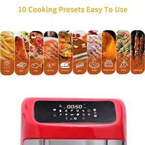 2021 12.7 Quart 10 in 1 XLarge Capacity Air Fryer Oven, 10 Accessories, 10 Easy Presets W/ Digital Touch Screen Controls & Integrated Digital Temperature Probe, Advanced Program, Sear, Stage, Preheat, Delay, Warm, Rotisserie, W/Light, Come W/ Never Rust Stainless Steel Crisper Trays, Drip Tray, Round Basket, Rotisserie Shaft, Skewers Racks, Rotisserie Spit Assembly & Insertion, Rotisserie Fetch Tool, Fry Basket Handle, 8 Recipes, ETL Approved 180°F-400°F, 120V, 1700W (Red)