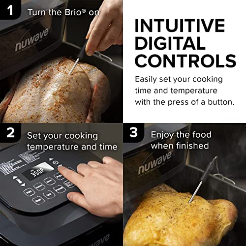 NUWAVE Brio 6-in-1 Air Fryer Oven Combo, 8-Qt X-Large Size, Fit up to 3 LBS. of Fries or 5 LB. Chicken, Easy-to-Read Cool White Display, 100 Pre-Programmed Presets & 50 Memory Slots to Save & Recall Favorite Recipes, 50°-400°F Temperature Controls in 5° Increments, Linear Thermal (Linear T) Technology & Integrated Temperature Probe for Perfect Results, Powerful 1800 Watts - 3 Wattage Settings 700, 1500, & 1800, Non-Stick Air Circulation Riser & Never-Rust Reversible Stainless Steel Rack Included