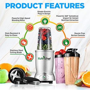 Personal Electric Single Serve Blender - 1200W Professional Kitchen Countertop Mini Blender for Shakes and Smoothies w/ Pulse Blend, Convenient Lid Cover, Portable 10 & 24 Oz Cups - NutriChef NCBL12