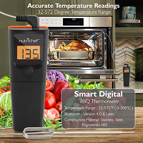 NutriChef PWIRBBQ90 Bluetooth Meat Thermometer Smart Wireless Kitchen Remote Instant Read BBQ Temperature Probe for Grill, Normal