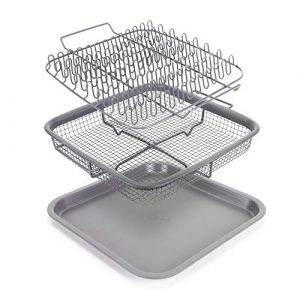 EaZy MealZ Crisping Basket & Tray Set | Air Fry Crisper Basket | Tray & Grease Catcher | Even Cooking | Non-Stick | Healthy Cooking (9" x 10", Gray)