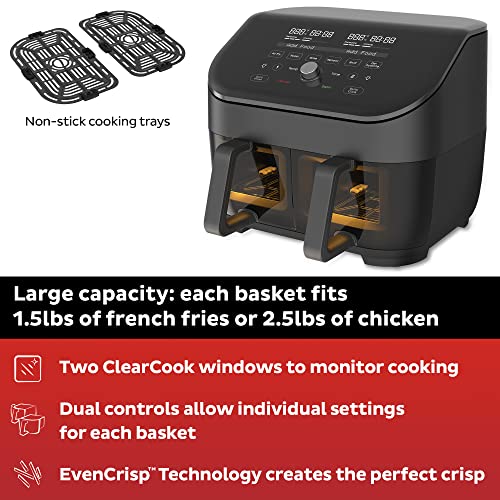 Instant Vortex Plus XL 8 Quart 8-in 1 Dual Basket Double Air Fryer with ClearCook™ Easy View See Through Windows, Air Fry, Roast, Broil, Bake, Reheat, Dehydrate, 1700W, Black
