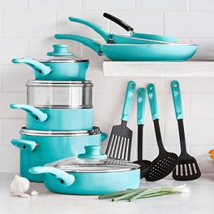 GreenLife Soft Grip Healthy Ceramic Nonstick 16 Piece Cookware Pots and Pans Set, PFAS-Free, Dishwasher Safe, Turquoise