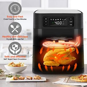 Air Fryer XL, 5.8 QT Hot Air Fryer Oven to Grill Bake Roast, 7-in-1 Large Family Size Airfryer with Digital Touch Screen, Non-Stick Basket and Recipe Book | Stainless Steel ETL/UL Cert, Black