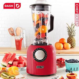 Dash Chef Series Deluxe 64 oz Blender with Stainless Steel Blades, Digital Display + USB Charging for Coffee Drinks, Fondue, Frozen Cocktails, Nut Butter, Soup, Smoothies & More, 1400-Watt – Red