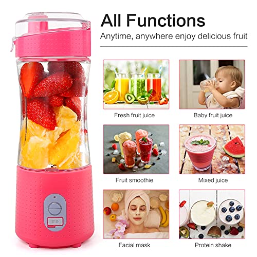 ZHIHER Portable Mini Smoothies Shakes Blender: Personal Size Single Serve Travel Fruit Juicer Mixer Cup with Wireless Rechargeable USB Small Electric Individual Blender for Juice Milk - Pink