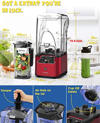 CRANDDI Quiet Blender, 2200 Watt Commercial Blenders for Kitchen with 80oz BPA-Free Pitcher and Self-Cleaning, High-Speed Countertop Blenders with Soundproof Shield for Home, K90 Red