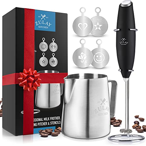 Zulay Milk Frother Complete Set Coffee Gift, Handheld Foam Maker for Lattes - Whisk Drink Mixer for Bulletproof Coffee, Mini Blender for Cappuccino, Frappe - Includes Frother, Stencils & Frothing Cup