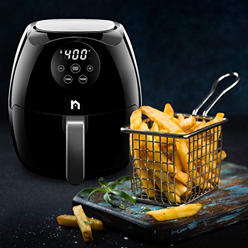 New House Kitchen Digital 3.5 Liter Air Fryer w/ Flat Basket, Touch Screen AirFryer, Non-Stick Dishwasher-Safe Basket, Use Less Oil For Fast Healthier Food, 60 Min Timer & Auto Shut Off, Black