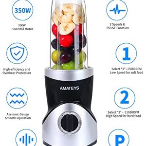 Personal Blender for Shakes and Smoothies 350 Watts, Professional Kitchen Blender Set with Blending & Grinding Blades, Portable Coffee Grinder with 10oz + 24oz Travel Bottles and Lids, 2 Speeds with Pulse Function Juice Blender AMATEYS