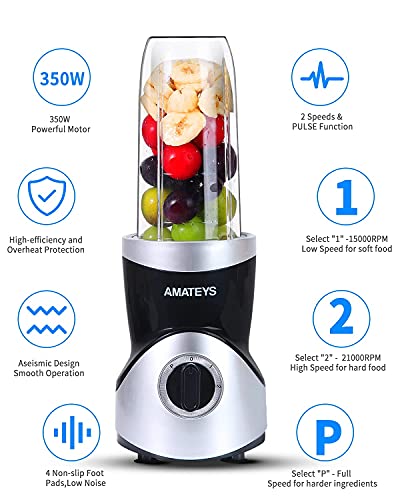 Personal Blender for Shakes and Smoothies 350 Watts, Professional Kitchen Blender Set with Blending & Grinding Blades, Portable Coffee Grinder with 10oz + 24oz Travel Bottles and Lids, 2 Speeds with Pulse Function Juice Blender AMATEYS