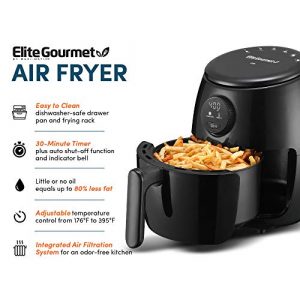 Elite Gourmet EAF2612D Personal 2.1Qt Compact Space Saving Programmable Hot Air Fryer, Oil-Less Healthy Cooker, Timer & Temperature Controls, PFOA/PTFE Free, 1000W, Black
