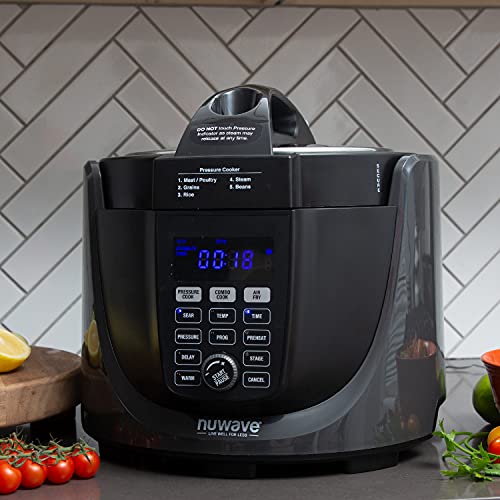 NUWAVE Duet Pressure Cooker, Air Fryer & Grill Combo Cooker Deluxe with Removable Pressure and Air Fry Lids, 6qt Stainless Steel Pot, 4qt Stainless Steel Air Fryer Basket, Built-In Sure-Lock Safety Technology & Deluxe Cooking Package Included