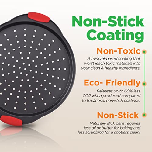 2-Pc. Non-Stick Pizza Tray - with Silicone Handle, Round Steel Non-stick Pan with Perforated Holes, Dishwasher Safe, Pizza Tray with Silicone and Oversized Handle, PFOA, PFOS, PTFE Free - NCBPIZX2