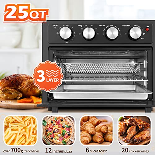 Air Fryer Toaster Oven, Binkols 6 Slice 25QT Family Capacity 7-in-1 Toaster Oven Airfryer Combo, 1700W Convection Toaster Oven, Easy to Reheat Roast Bake Broil Dehydrate Rotisserie for Turkey Chicken