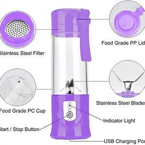 Portable Blender Mini USB Rechargeable Personal Size Juicer Cup for Shakes and Smoothies with Six Blades Small Travel Blenders Ice Smoothie Mixer for Home, Sport, Office, Outdoor ,Christmas Gifts 380ml (Purple)