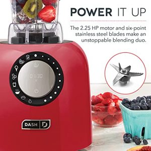 Dash Chef Series Deluxe 64 oz Blender with Stainless Steel Blades, Digital Display + USB Charging for Coffee Drinks, Fondue, Frozen Cocktails, Nut Butter, Soup, Smoothies & More, 1400-Watt – Red