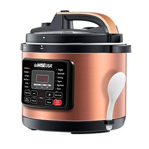 GoWISE USA 8-Quarts 12-in-1 Electric Pressure Cooker + 50 Recipes for your Pressure Cooker Book with Measuring Cup, Stainless Steel Rack and Basket, Spoon (Copper)