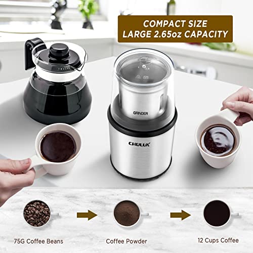 CHULUX Coffee Grinder Electric,Built-In Sharp Blade Spice Grinder with 2  Detachable Stainless Steel Bowls for Coffee, Spices, Herbs, Nuts,  Grains,Lid
