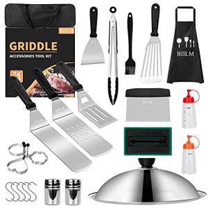 BIILM Blackstone Griddle Accessories Kit, 24 Pcs Flat Top Grill Accessories Set for Blackstone and Camping Cooking Chef with Apron, Basting Cover,Spatula, Scraper, Bottle, Tongs, Egg Rings, Carry Bag