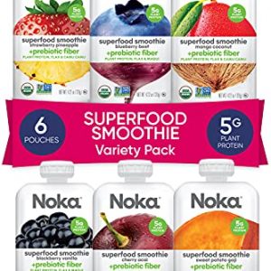 Noka Superfood Smoothie Pouches (Variety) 6 Pack, with Plant Protein, Prebiotic Fiber & Flax Seed, Organic, Gluten Free, Vegan, Healthy Fruit Squeeze Snack Pack, 4.22oz Ea