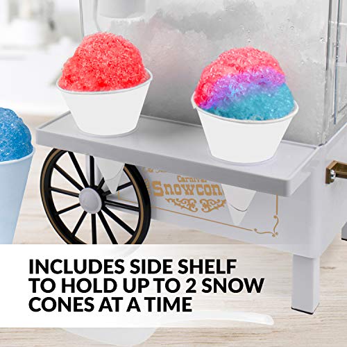 Nostalgia SCM525WH Vintage Countertop Snow Cone Maker Makes 20 Icy Treats, Includes 2 Reusable Plastic Cups & Ice Scoop – Ice White, 8 Oz