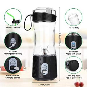 Aitsite Portable Blender, Personal Mixer Fruit Rechargeable USB with 2 Straws, Mini Blender for Smoothie, Fruit Juice, Milk Shakes 380ml, Six 3D Blades for Great Mixing (Black)