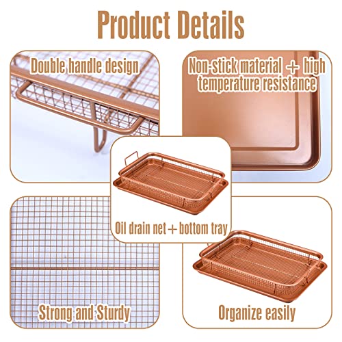 GWONGBAY 2-Piece Copper Crisper Tray,13"L x9" W Oven Pan,Copper Chef,Oven Air Fryer Tray & Mesh Basket Set,Air Fryer Pan,Microwave Bacon Tray,Broiler Pan for Oven,Baking Set Kitchen Supplies -Copper