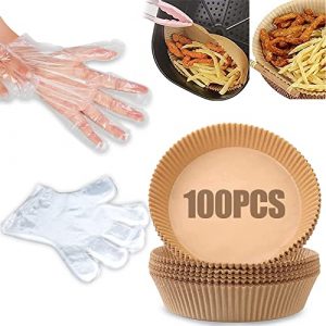 100pc Air Fryer Disposable Paper Liner, Non-stick Air Fryer Liners with 100pc Disposable Gloves, Oil-proof, Water-proof, Natural Food Grade Parchment for Baking Roasting Microwave Frying Pan(6.3in)