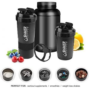 VIGIND Protein Shaker Bottle,Sports Water Bottle,Leak Proof Shake Bottle For Protein Mixer- Non Slip 3 Layer Twist Off 3oz Cups with Pill Tray - Protein Powder 16 oz Shake Cup with Storage,Black
