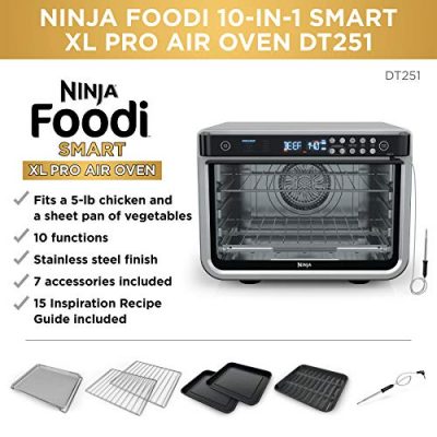 Ninja DT251 Foodi 10-in-1 Smart XL Air Fry Oven, Bake, Broil, Toast, Air Fry, Roast, Digital Toaster, Smart Thermometer, True Surround Convection up to 450°F, includes 6 trays & Recipe Guide, Silver