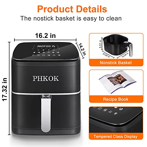 PHKOK Air Fryer, 7 Quarts Airfryer 14-in-1 with 2-24 HRS Appointment Function, 1700W 360°Large Air Fryer with Upwards LED Digital Touchscreen, Nonstick Air frier Cooker, Recipes Included