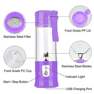 USB Electric Safety Juicer Cup,Fruit Juice Mixer, Blender, Mini Portable Rechargeable Juicing Mixing Crush Ice and Blender Mixer 350-420ml Water Bottle (Purple)