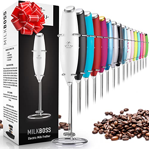 Zulay Original Milk Frother Handheld Foam Maker for Lattes - Whisk Drink Mixer for Coffee, Mini Foamer for Cappuccino, Frappe, Matcha, Hot Chocolate by Milk Boss (Blizzard White)