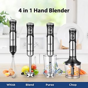COMFEE' Immersion Hand Blender, Brushed Stainless Steel, Multipurpose Stick Blender with 500 Watts, 600ml Beaker, 500ml Chopper and Whisk, Perfect for Baby Food, Smoothies, Sauces and Soups, Black