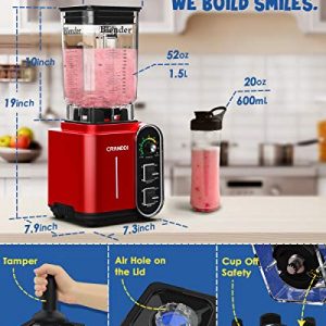 CRANDDI Smoothie Blender, Countertop Blender for Commercial and Home, 1800W Strong Motor, 52oz BPA-free Jar for Shakes and Smoothies, Self-Cleaning, K98 Red