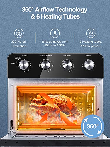 A/C 10-in-1 Air Fryer Oven, 24 QT large Convection Toaster Oven with Rotisserie and Dehydrator, 1700W Oil-free Cooking, 6 free Accessories & 75 Recipes, Black (FM-9015)